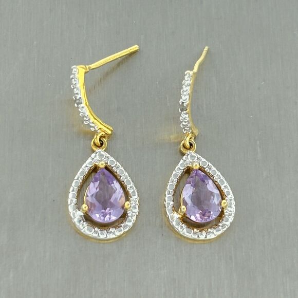 JBX Sterling Silver Gold Plate Purple Amethyst Diamond Accent Dangle Earrings - Picture 5 of 6